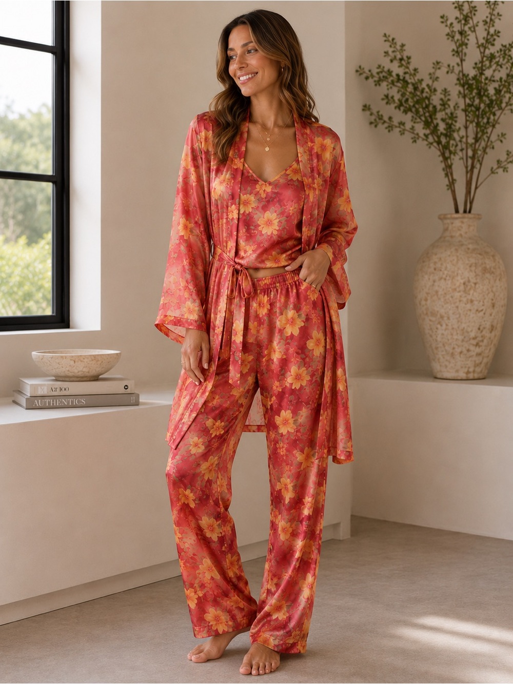 VTG Sophia by Delicates 3pc Chiffon Kimono Robe, Tank & Pants Set - M